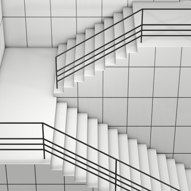 Détails de la balustrade et des escaliers d'un immeuble moderne en gros plan extrême. Rendu 3D