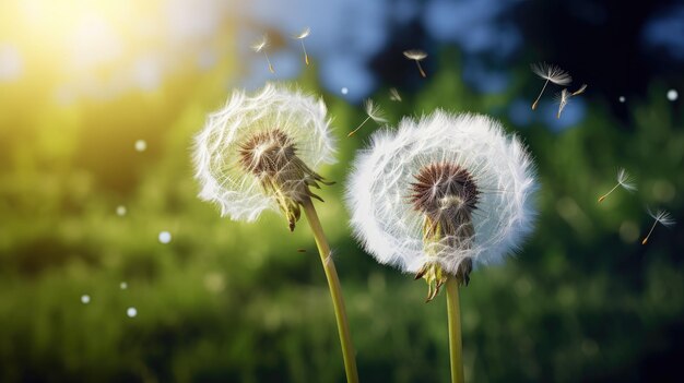 Des détails délicats des graines moelleuses d'un pissenlit prêtes à voler par une chaude journée de printemps.