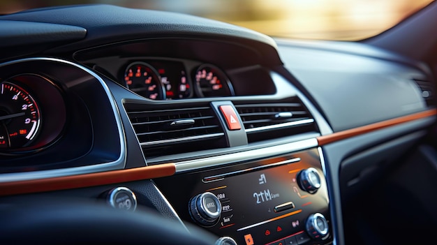 Détails flous de l'intérieur de la voiture sur le tableau de bord