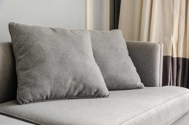 Détails de l'intérieur confortable du salon Deux coussins de canapé en tissu reposent sur un canapé gris