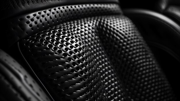 Photo détails de l'intérieur de la voiture siège en cuir perforé noir avec texture en fibre de carbone