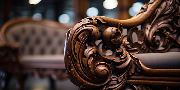 Des détails de meubles baroques sur une jambe de canapé en bois sculpté