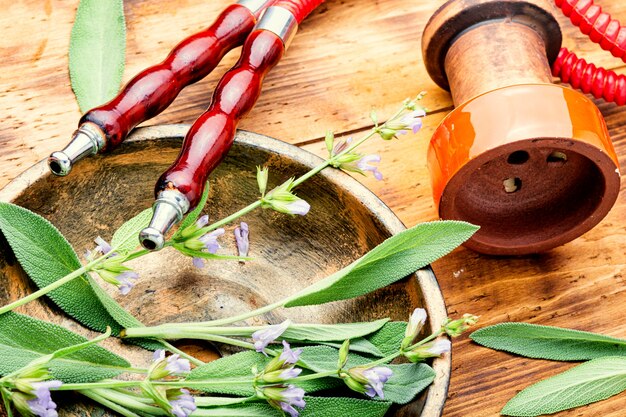 Détails d'un narguilé fumant sur les herbes. Tabac à chicha au goût de sauge.