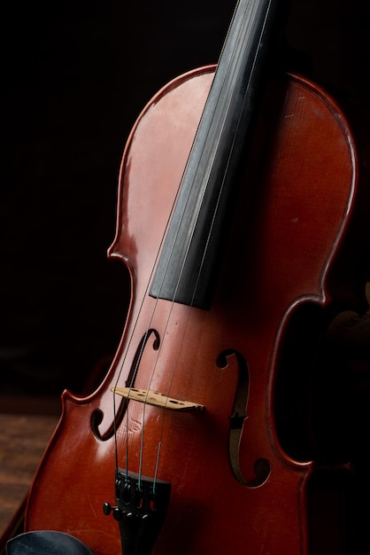 Détails de violon d'un beau violon sur bois rustique style discret photo fond noir mise au point sélective