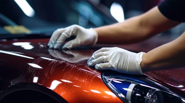 Détails de voiture mains avec polisseuse orbitale dans un atelier de réparation automobile