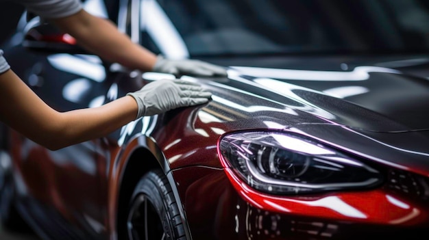 Détails de voiture mains avec polisseuse orbitale dans un atelier de réparation automobile