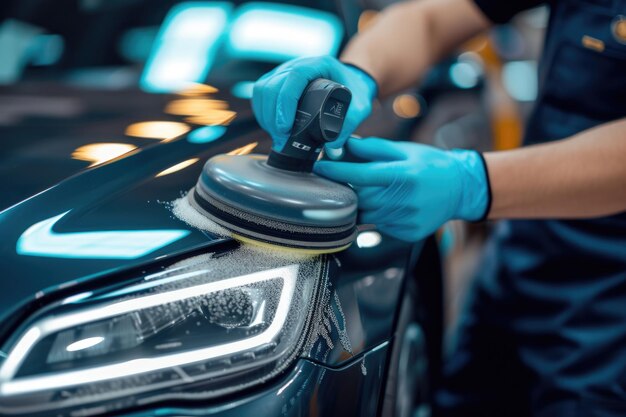 Détails de voiture avec polisseur orbital dans un atelier de réparation automobile