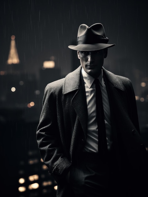 Un détective à l'ancienne avec un chapeau sur un fond noir et blanc de la ville de nuit.
