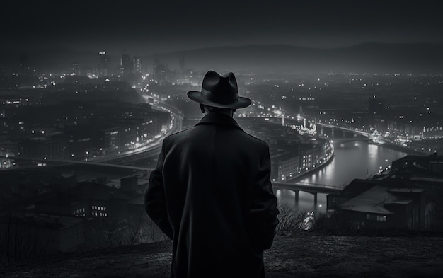 Un détective à l'ancienne avec un chapeau sur un fond noir et blanc de la ville de nuit.