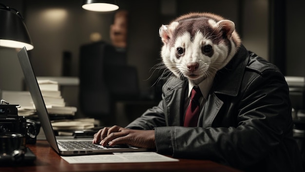 Un détective furet analysant les données de la scène du crime sur un ordinateur portable dans un bureau noir