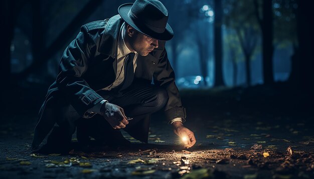 Un détective lors d'une séance photo d'enquête sur une scène de crime