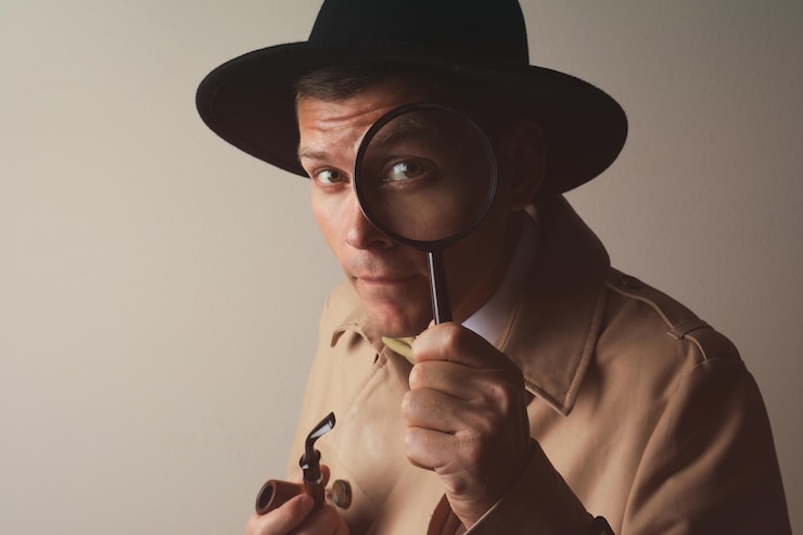 Photo détective masculin avec pipe regardant à travers une loupe sur fond beige
