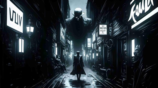 Le détective masculin se tient avec son front une rue de nuit avec la pluie dans le style du film noir pour l'IA