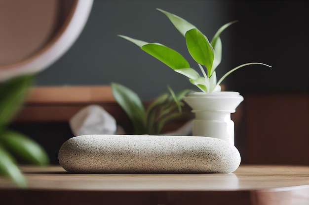 Détendez-vous la composition de la pierre de massage blanc lotion pompe bouteille verte plante sur table en bois de pin propre spa