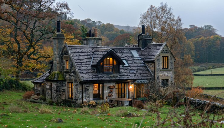 Photo détendez-vous dans un chalet de pierre pittoresque et rustique entouré d'une beauté de campagne sereine aig59