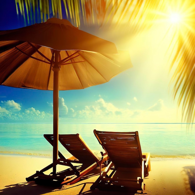 Détendez-vous sur une plage tropicale au soleil sur des transats sous un parasol
