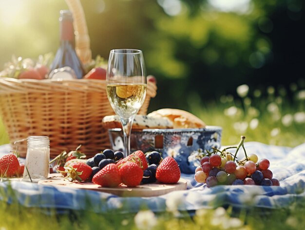 Détente, pique-nique extérieur, à, vin, et, fraises, a, génératif, ai Banque d'Image