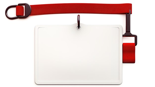 Photo le détenteur d'une carte d'identité blanche isolé avec une sangle de cou rouge sur un bureau blanc brillant