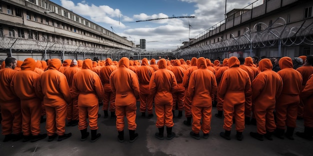 Des détenus dans un centre pénitentiaire Un groupe de prisonniers méconnaissables en uniforme orange dans la prison