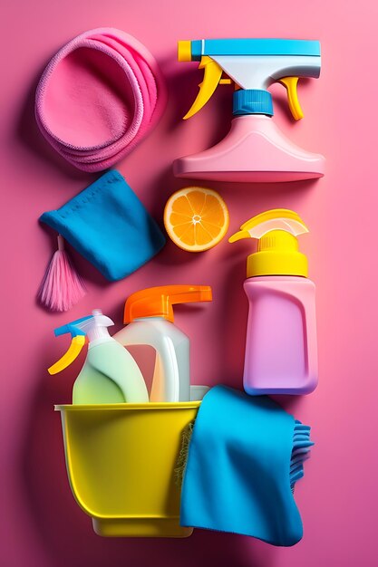 Détergents accessoires de nettoyage gant en caoutchouc et chiffons pour laver la vaisselle sur fond rose