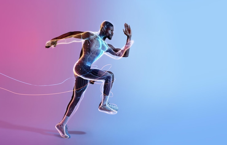 Photo déterminé jeune sportif noir course à pied dans un éclairage au néon avec une silhouette de corps rougeoyante vide