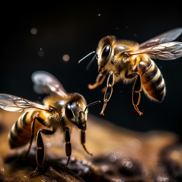 Deux abeilles volent l'une à côté de l'autre, l'une a une bande jaune sur le bras.