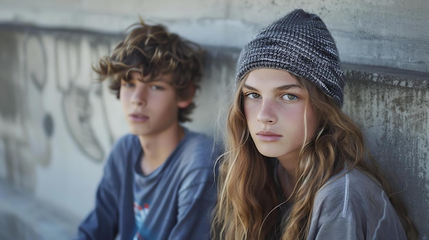 Photo deux adolescents, un garçon et une fille, sont assis sur un mur de béton. le garçon porte une chemise bleue et la fille une chemise grise et un bonnet.