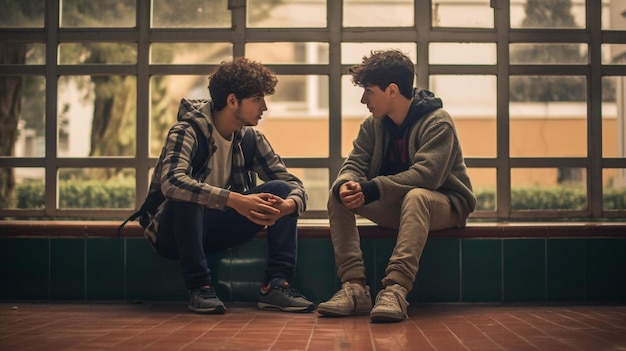Deux adolescents sont assis sur un banc devant une fenêtre.