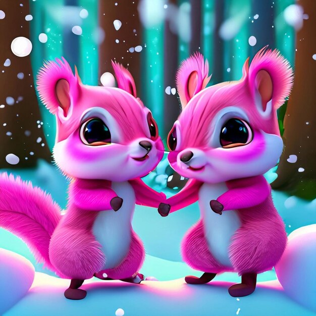 deux adorables bébés écureuils dansant dans la neige dans la forêt rendu dans le style d'animation