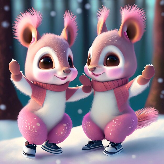 deux adorables bébés écureuils dansant dans la neige dans la forêt rendu dans le style d'animation