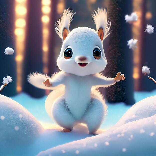 Photo deux adorables bébés écureuils dansant dans la neige dans la forêt rendu dans le style d'animation