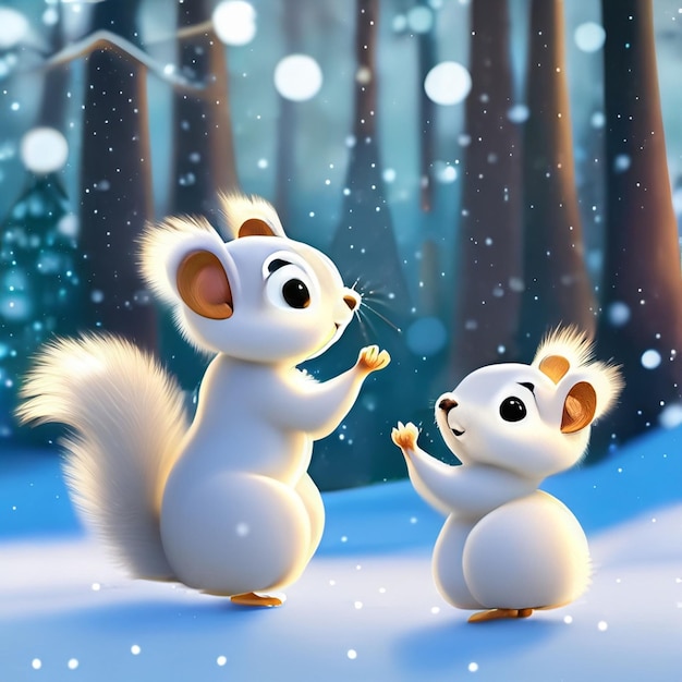 Photo deux adorables bébés écureuils dansant dans la neige dans la forêt rendu dans le style d'animation