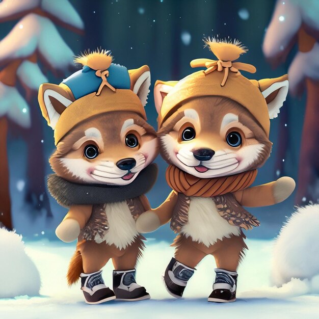 deux adorables bébés écureuils dansant dans la neige dans la forêt rendu dans le style d'animation