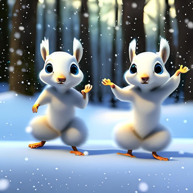 Photo deux adorables bébés écureuils dansant dans la neige dans la forêt rendu dans le style d'animation