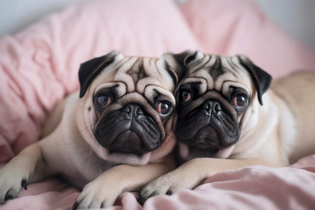 Deux adorables carlins se blottissent sur un lit rose photoréaliste générer ai