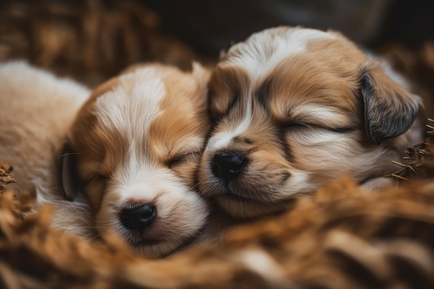 Deux adorables chiots blottis ensemble dans un panier douillet Generative AI