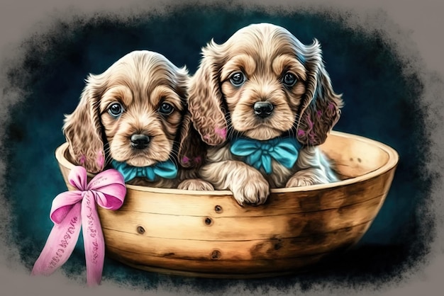 Deux adorables chiots de cocker spaniel s'inclinent en rose et bleu assis dans un plat en bois à une profondeur peu profonde