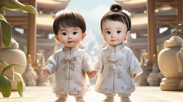 Deux adorables enfants asiatiques souriants en tenue traditionnelle chinoise IA générative