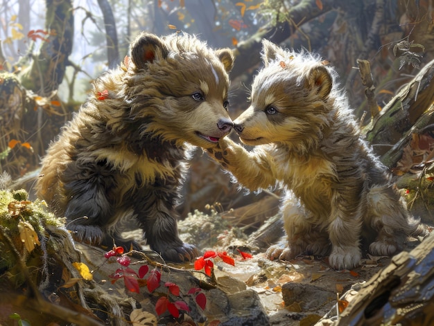 Deux adorables personnages de ratons laveurs animés partagent un moment de tendresse dans la forêt d'automne enchantée