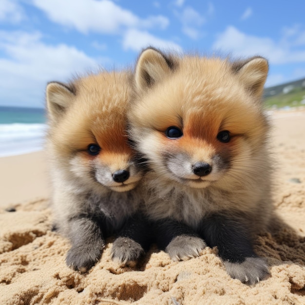 Photo deux adorables renards fennec se reposent sur une plage de sable