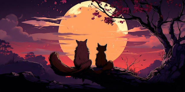 Deux adorables renards romantiques et mignons regardant la lune mariage dans la forêt de la nature