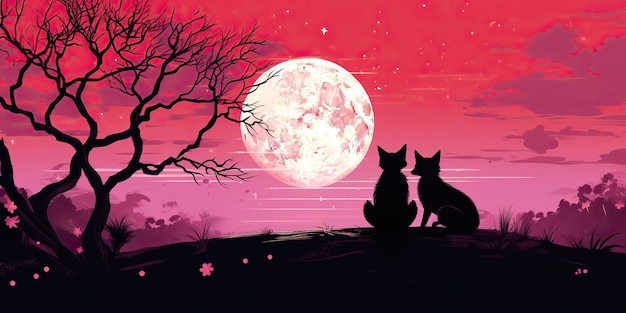 Deux adorables renards romantiques et mignons regardant la lune mariage dans la forêt de la nature