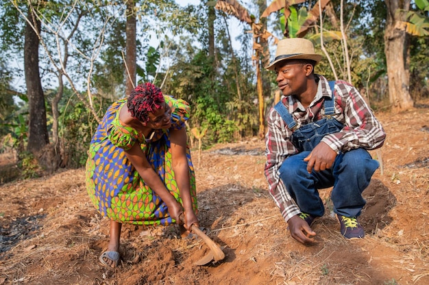 Deux agriculteurs africains binent les champs et discutent de l'agriculture en Afrique