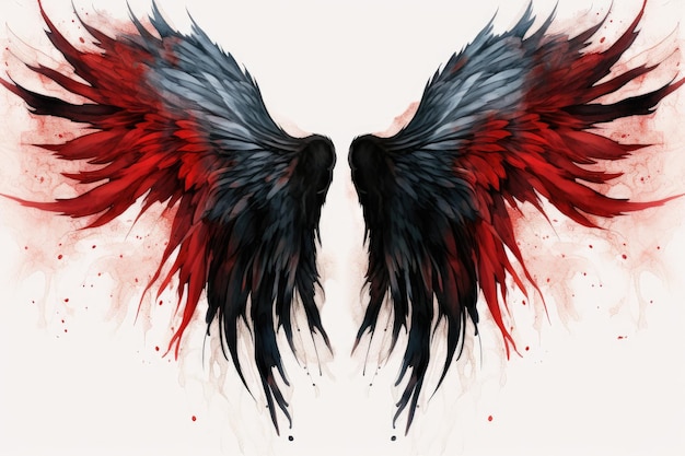 Deux ailes rouges et bleues d'un oiseau avec des éclaboussures de sang sur fond blanc Belles ailes magiques rouges noires dessinées avec effet aquarelle AI généré