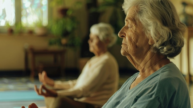 Deux aînés méditant ensemble embrassant la tranquillité et la pleine conscience