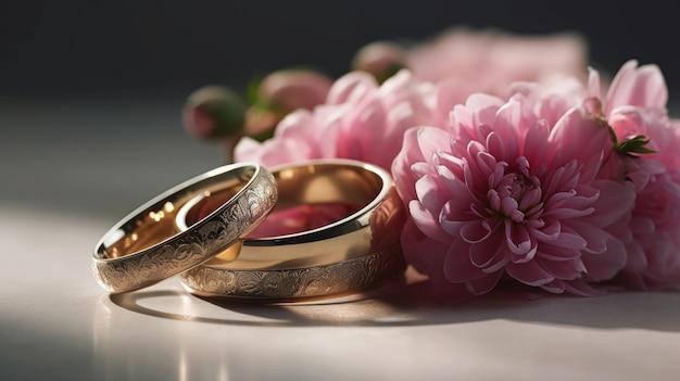 Deux alliances sont posées sur une table avec des fleurs roses.