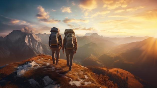 Deux alpinistes debout sur une montagne avec de grands sacs à dos en équipement d'alpinisme complet et regardant les montagnes