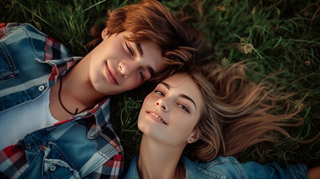 deux amants allongés sur l'herbe verte