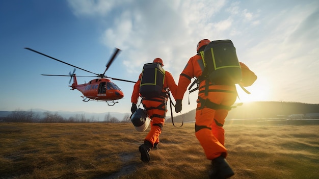 Deux ambulanciers courent vers l'hélicoptère d'urgence.