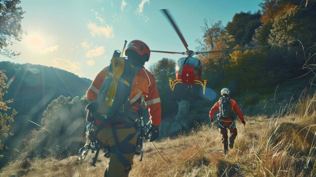 Deux ambulanciers avec des harnais de sécurité et du matériel d'escalade courant vers le service médical d'urgence en hélicoptère Thèmes de secours, d'aide et d'espoir